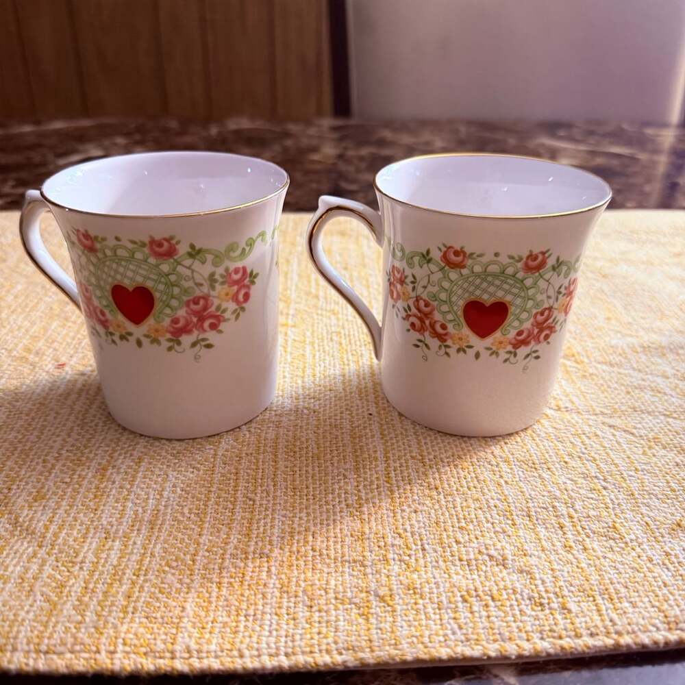 Queen's Rosina China Co. Ltd Hearts and Flowers Coffee Mug Pair